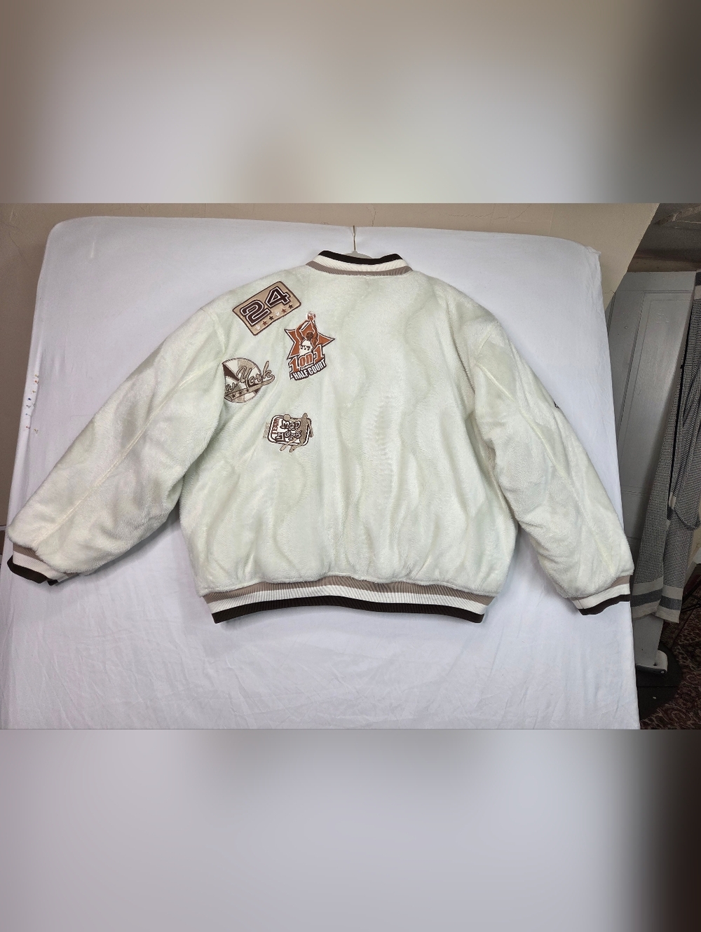 Raw Blue Classics Varsity Jacket 2XL Faux Fur Sherpa Bomber Y2K Basketball Patch - Picture 12 of 13